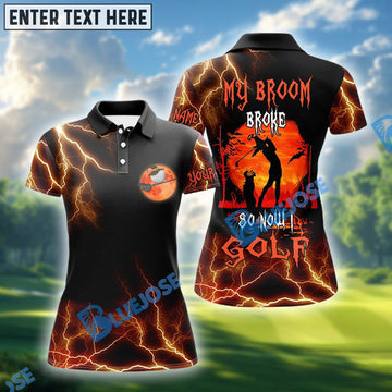 BlueJose My Broom Broke So Now I Golf Funny Halloween Golf Polos, Women’s Golf Shirt, Golf Shirts For Ladies