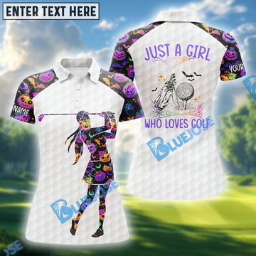 BlueJose Just A Girl Who Loves Golf Funny Halloween Golf Polos, Women’s Golf Shirt, Golf Shirts For Ladies