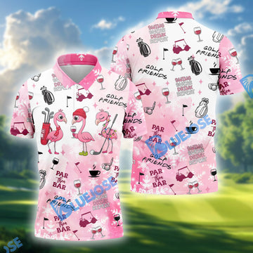 BlueJose Golf Friends Par Then Bar Flamingo Christmas Golf Shirt, Golf Tops For Men, Pink Golf Polo, Golf Gift For Men
