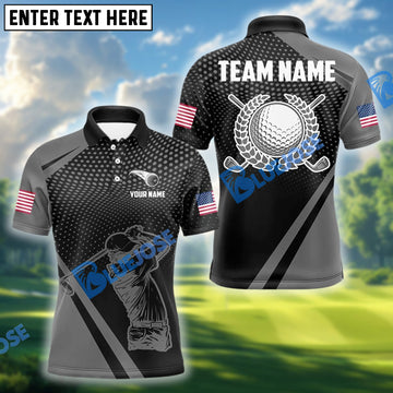BlueJose American Flag Golf Polo Black Shirt, Custom Name & Team Name 3D Shirts