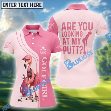 BlueJose Are You Looking At My Putt Funny Flamingo Pink Golf Shirt, Golf Shirts For Ladies