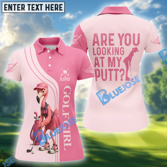BlueJose Are You Looking At My Putt Funny Flamingo Pink Golf Shirt, Golf Shirts For Ladies