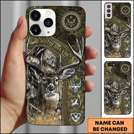 BlueJose Hunting Phone Case Whitetail Deer Camouflage US Army Badge Vintage Woodland Personalized Name Phone Case