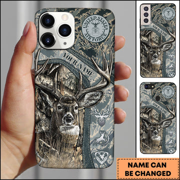 BlueJose Hunting Phone Case Whitetail Deer Camouflage US Air Force Military Badge Vintage Woodland Personalized Name Phone Case
