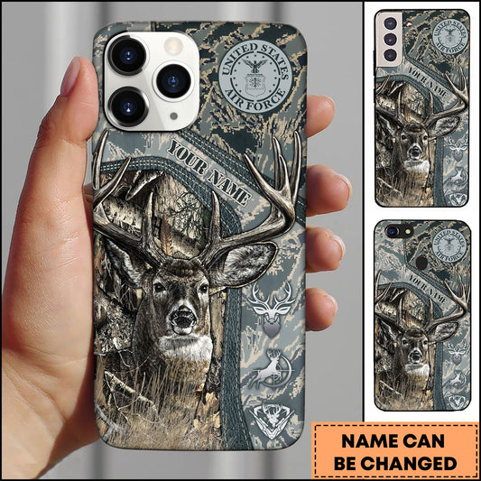 BlueJose Hunting Phone Case Whitetail Deer Camouflage US Air Force Military Badge Vintage Woodland Personalized Name Phone Case