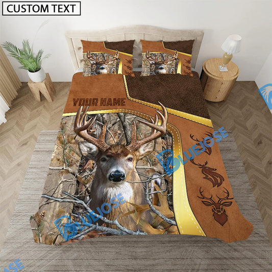 Bluejose Deer Hunting Grass Brown Camo Leather Pattern Version 2 Golden Line Bedding Set 3D All Over Printed
