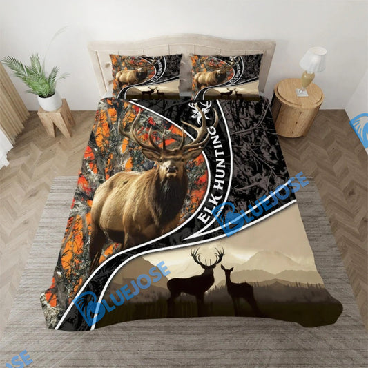 Bluejose Elk Hunting Forest Sunset Bedding Set 3D All Over Printed