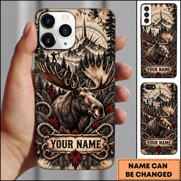 BlueJose Moose Hunting Vintage Monochrome Forest Badge Personalized Name 3D Phone Case