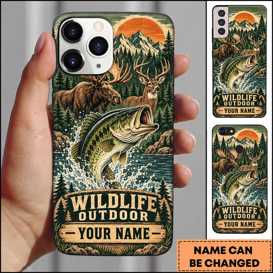 BlueJose Bass Fishing Bear Mountain Wilderness Scene Personalized Name 3D Phone Case