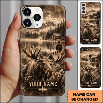 BlueJose Moose Hunting Sepia Mountain Lake Wilderness Personalized Name 3D Phone Case