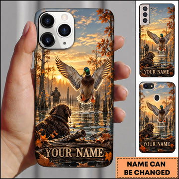 BlueJose Duck Hunting Black Lab Flying Mallard Sunset Marsh Personalized Name 3D Phone Case