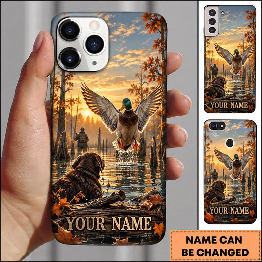 BlueJose Duck Hunting Black Lab Flying Mallard Sunset Marsh Personalized Name 3D Phone Case