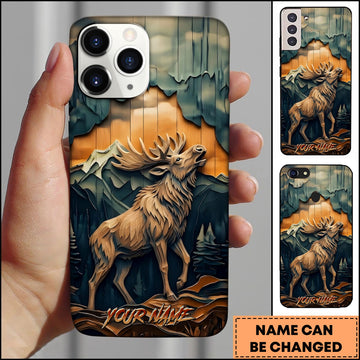 BlueJose Elk Wildlife Layered Wood Carving Mountain Sunset Multiple Options Personalized Name Phone Case