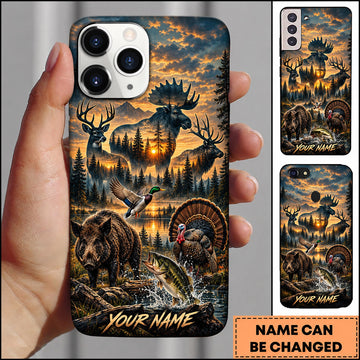 BlueJose Wildlife Outdoor Hunting Moose Bear Turkey Sunset Lake Personalized Name 3D Phone Case
