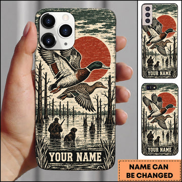 BlueJose Duck Hunting Vintage Woodblock Flying Mallards Personalized Name 3D Phone Case