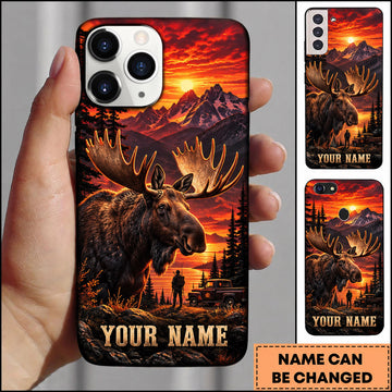 BlueJose Moose Hunting Fiery Sunset Mountain Wilderness Personalized Name 3D Phone Case