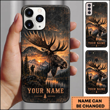 BlueJose Moose Hunting Rustic Dark Mountain Sunset Personalized Name 3D Phone Case