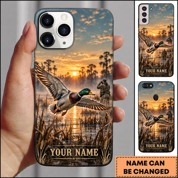 BlueJose Mallard Duck Hunting Sunset Marsh Flying Duck Personalized Name 3D Phone Case