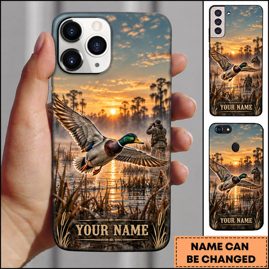 BlueJose Mallard Duck Hunting Sunset Marsh Flying Duck Personalized Name 3D Phone Case
