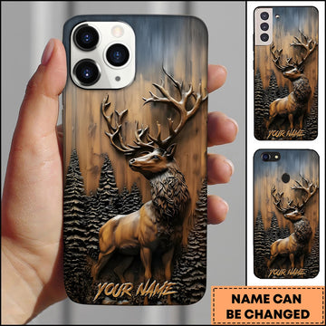 BlueJose  Elk Wildlife Wooden Carving Forest Antlers Multiple Options Personalized Name Phone Case