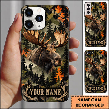 BlueJose Moose Hunting Autumn Forest Silhouette Scene Personalized Name 3D Phone Case