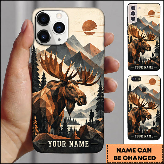 BlueJose Moose Hunting Geometric Mountain Sunset Art Personalized Name 3D Phone Case