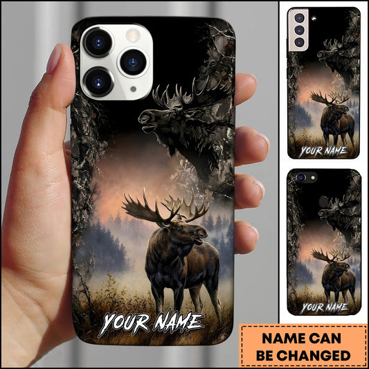 BlueJose Moose Hunting Misty Forest Wildlife Portrait Multiple Options Personalized Name Phone Case