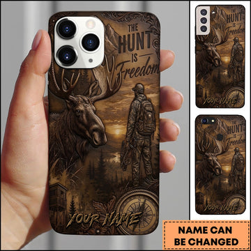 BlueJose Hunting The Hunt Is Freedom Vintage Hunter Compass Multiple Options Personalized Name Phone Case (4 animals)