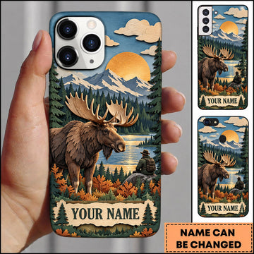 BlueJose Moose Hunting Vintage Mountain Forest Sunset Personalized Name 3D Phone Case