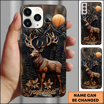 BlueJose Elk Wildlife Wooden Carving Mountain Forest Multiple Options Personalized Name Phone Case