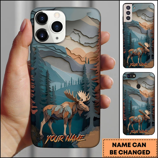 BlueJose Moose Wildlife Layered Paper Cut Mountain Forest Multiple Options Personalized Name Phone Case
