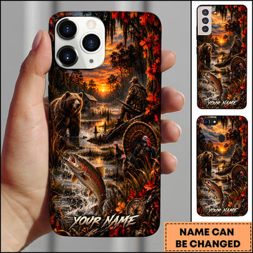 BlueJose Hunting Wildlife Bear Trout Fish Turkey Autumn Forest Sunset Multiple Options Personalized Name Phone Case