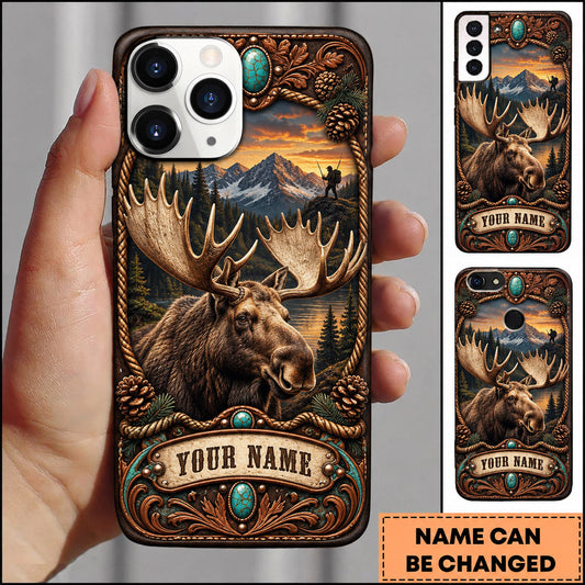 BlueJose Moose Hunting Western Leather Tooled Mountain Personalized Name 3D Phone Case