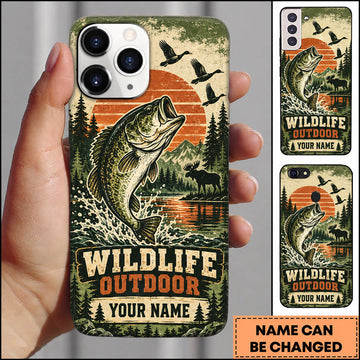 BlueJose Bass Fishing Vintage Sunset Forest Angler Personalized Name 3D Phone Case