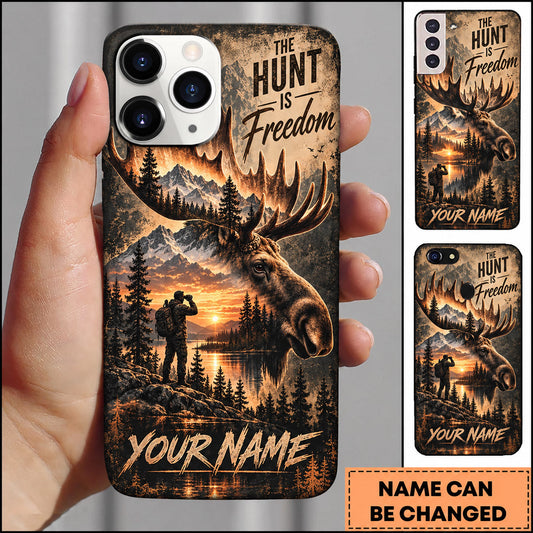 BlueJose Moose Hunting Freedom Sunset Lake Hunter Wilderness Personalized Name 3D Phone Case