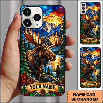 BlueJose Moose Hunting Stained Glass Mountain Forest Personalized Name 3D Phone Case