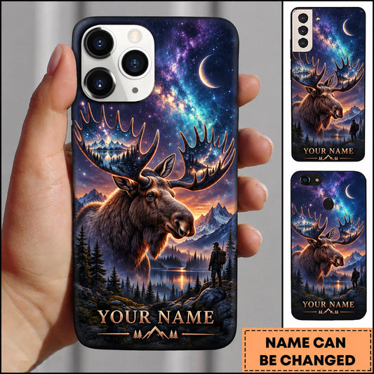 BlueJose Moose Hunting Galaxy Night Aurora Wilderness Personalized Name 3D Phone Case