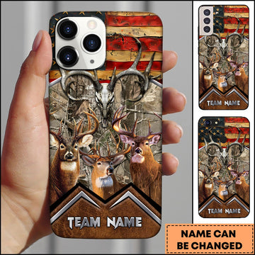 BlueJose Personalized Deer Hunting Phone Case with Rustic American Flag, Antler Skull, Forest Camo and Custom Team Name (8 Colors)
