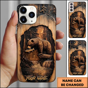 BlueJose  Bear Fishing Wooden Carving Forest River Multiple Options Personalized Name Phone Case