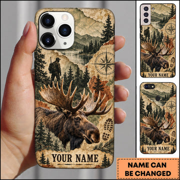 BlueJose Moose Hunting Mountain Map Vintage Adventure Personalized Name 3D Phone Case