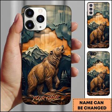 BlueJose Bear Wildlife Layered Wood Carving Mountain Sunset Multiple Options Personalized Name Phone Case