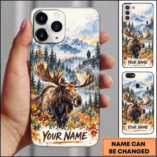 BlueJose Moose Hunting Winter Watercolor Snowy Forest Personalized Name 3D Phone Case