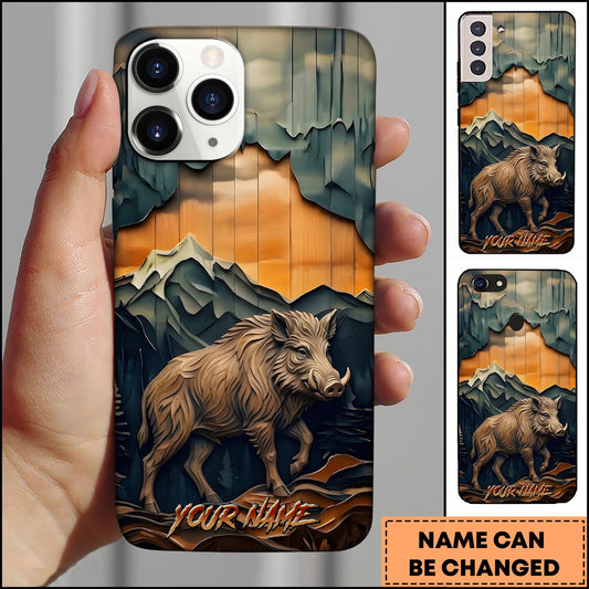 BlueJose Wild Boar Wildlife Layered Wood Carving Mountain Sunset Multiple Options Personalized Name Phone Case
