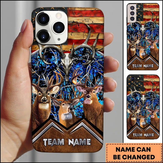 BlueJose Personalized Deer Hunting Phone Case with Rustic American Flag, Antler Skull, Forest Camo and Custom Team Name (8 Colors)