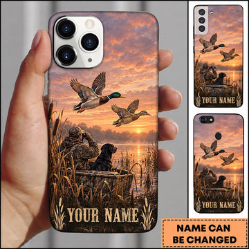 BlueJose Duck Hunting Black Lab Flying Mallards Sunset Reeds Personalized Name 3D Phone Case