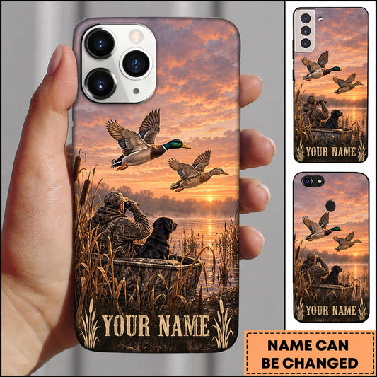 BlueJose Duck Hunting Black Lab Flying Mallards Sunset Reeds Personalized Name 3D Phone Case