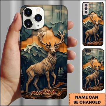 BlueJose Deer Wildlife Layered Wood Carving Mountain Sunset Multiple Options Personalized Name Phone Case