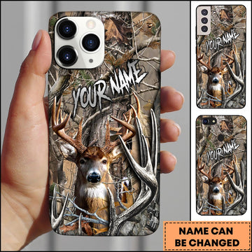 BlueJose Hunting Phone Case Realistic Whitetail Deer In Deep Forest Camo Background Personalized Name Phone Case (6 colors)