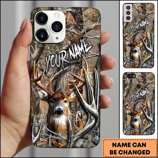 BlueJose Hunting Phone Case Realistic Whitetail Deer In Deep Forest Camo Background Personalized Name Phone Case (6 colors)