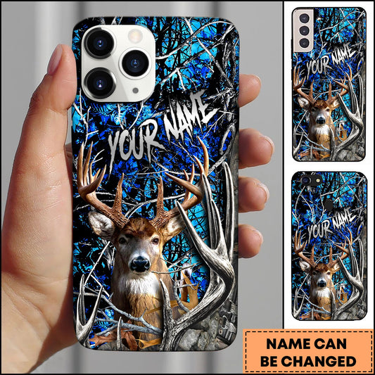 BlueJose Hunting Phone Case Realistic Whitetail Deer In Deep Forest Camo Background Personalized Name Phone Case (6 colors)